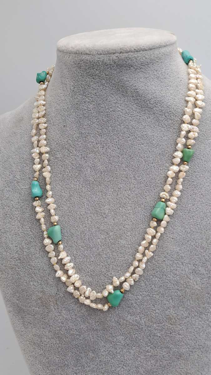 96cm Fresh Water Pearl Necklace with Turquoise stones
