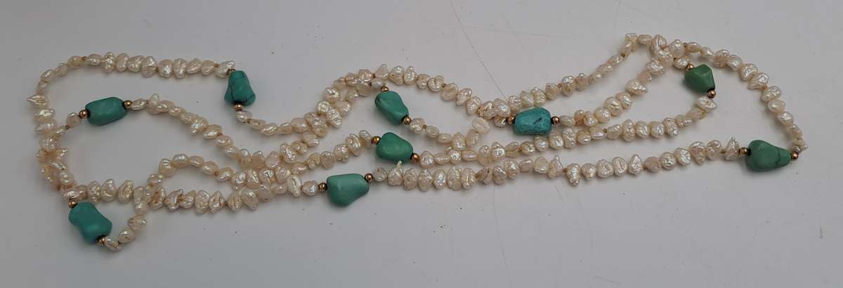 96cm Fresh Water Pearl Necklace with Turquoise stones