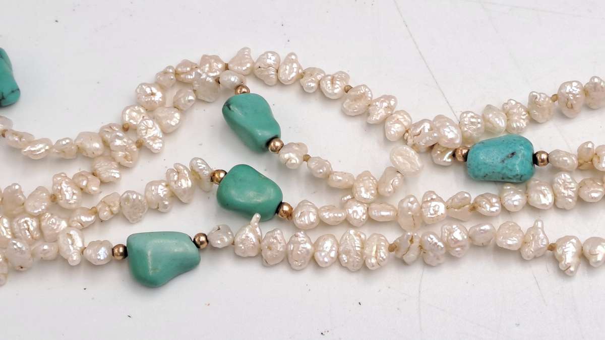 96cm Fresh Water Pearl Necklace with Turquoise stones
