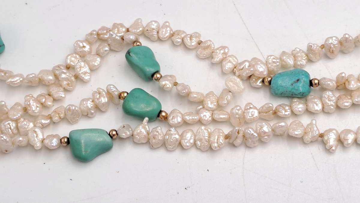 96cm Fresh Water Pearl Necklace with Turquoise stones