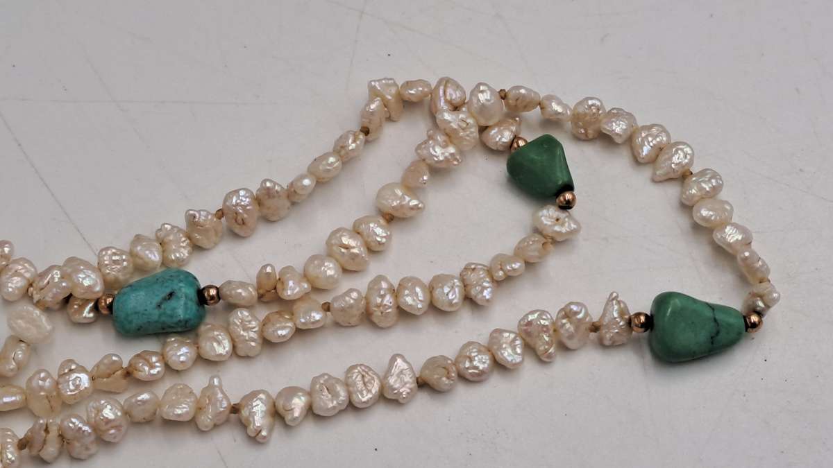 96cm Fresh Water Pearl Necklace with Turquoise stones