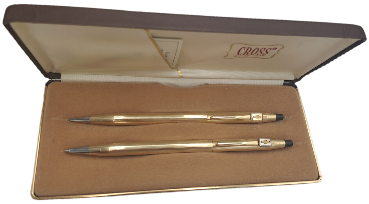 Pre-Owned  1/20 12 Gold Filled Cross Pen and Pencil set in Box with sleeve-Chevrolet Logo on Clip