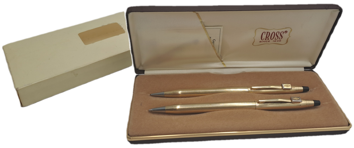 Pre-Owned  1/20 12 Gold Filled Cross Pen and Pencil set in Box with sleeve-Chevrolet Logo on Clip