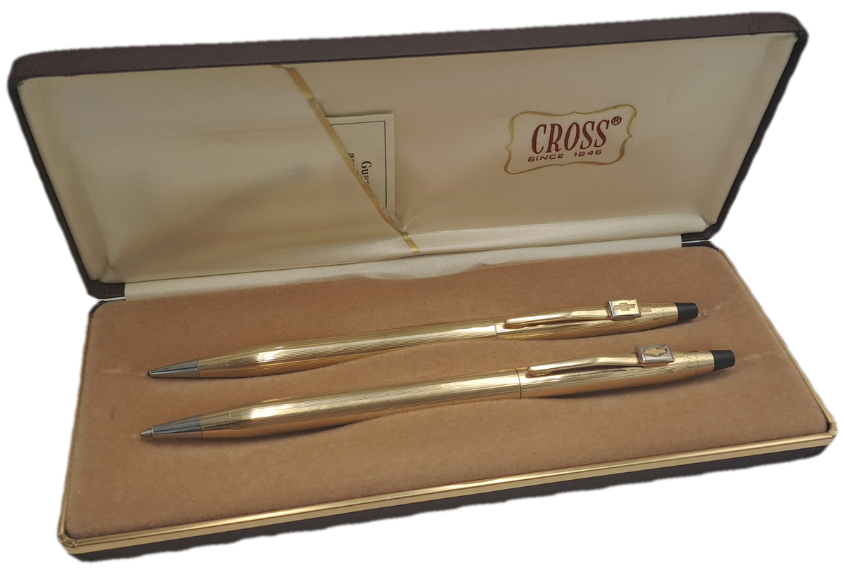 Pre-Owned  1/20 12 Gold Filled Cross Pen and Pencil set in Box with sleeve-Chevrolet Logo on Clip