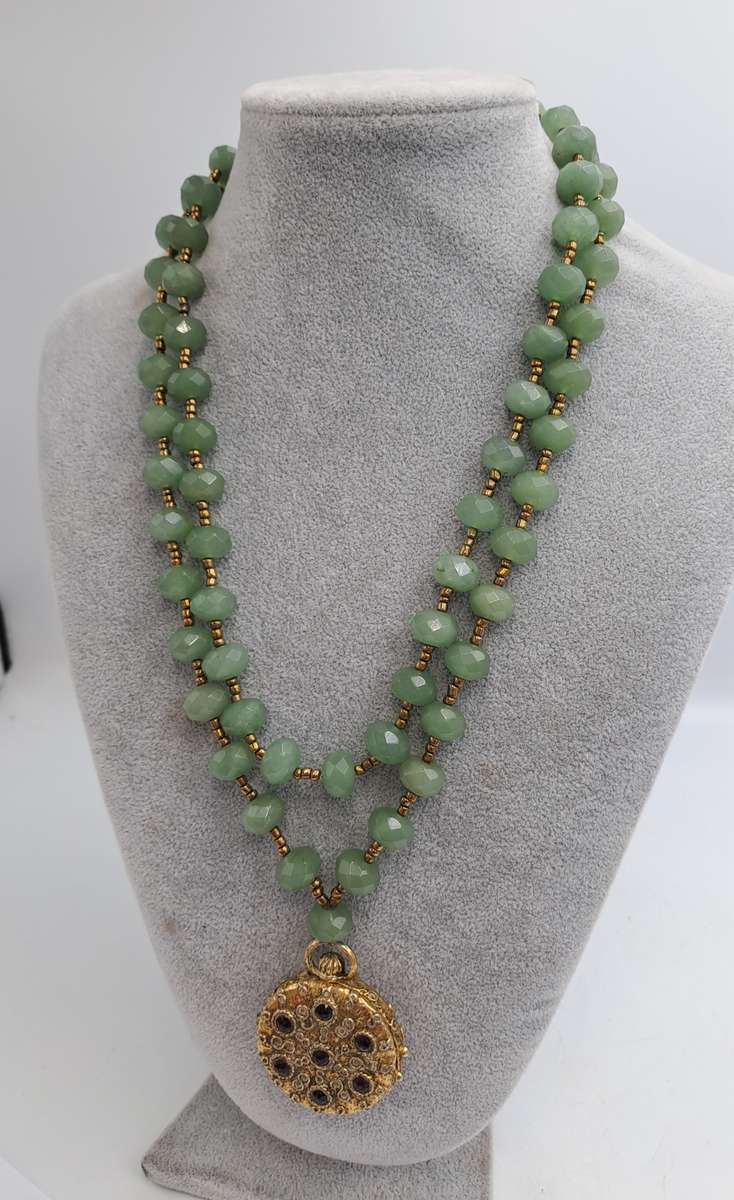 Vintage Real Jade Necklace with 1950's Hinged Gold Tone Locket with Faux ruby's and Cameo