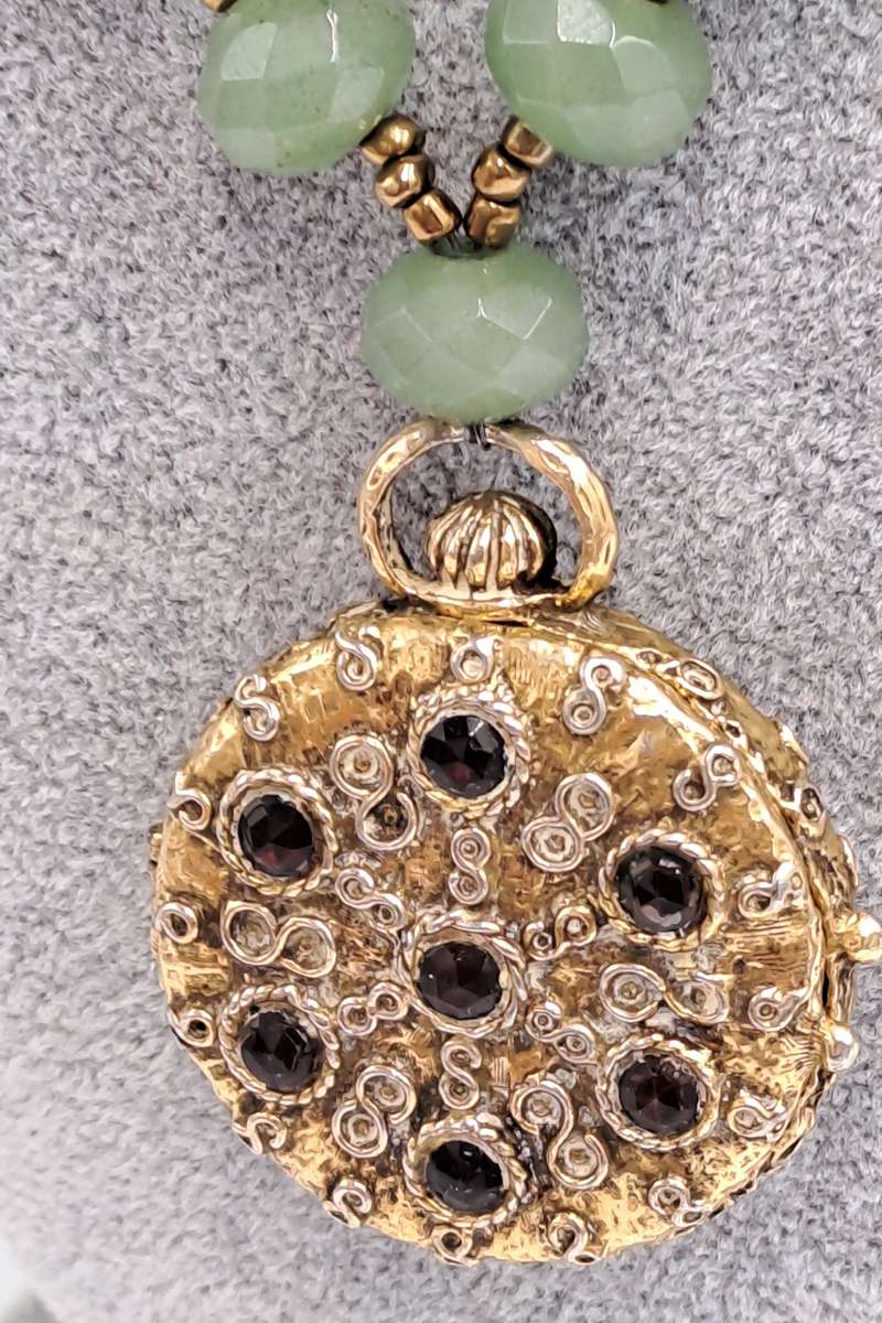 Vintage Real Jade Necklace with 1950's Hinged Gold Tone Locket with Faux ruby's and Cameo