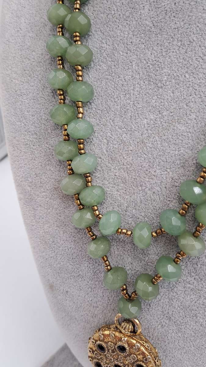 Vintage Real Jade Necklace with 1950's Hinged Gold Tone Locket with Faux ruby's and Cameo