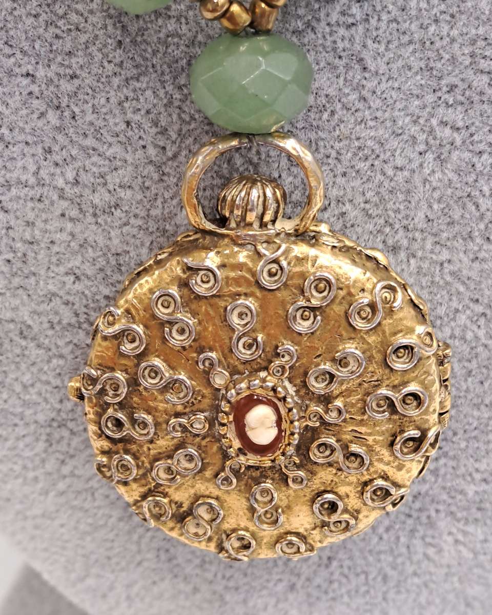 Vintage Real Jade Necklace with 1950's Hinged Gold Tone Locket with Faux ruby's and Cameo