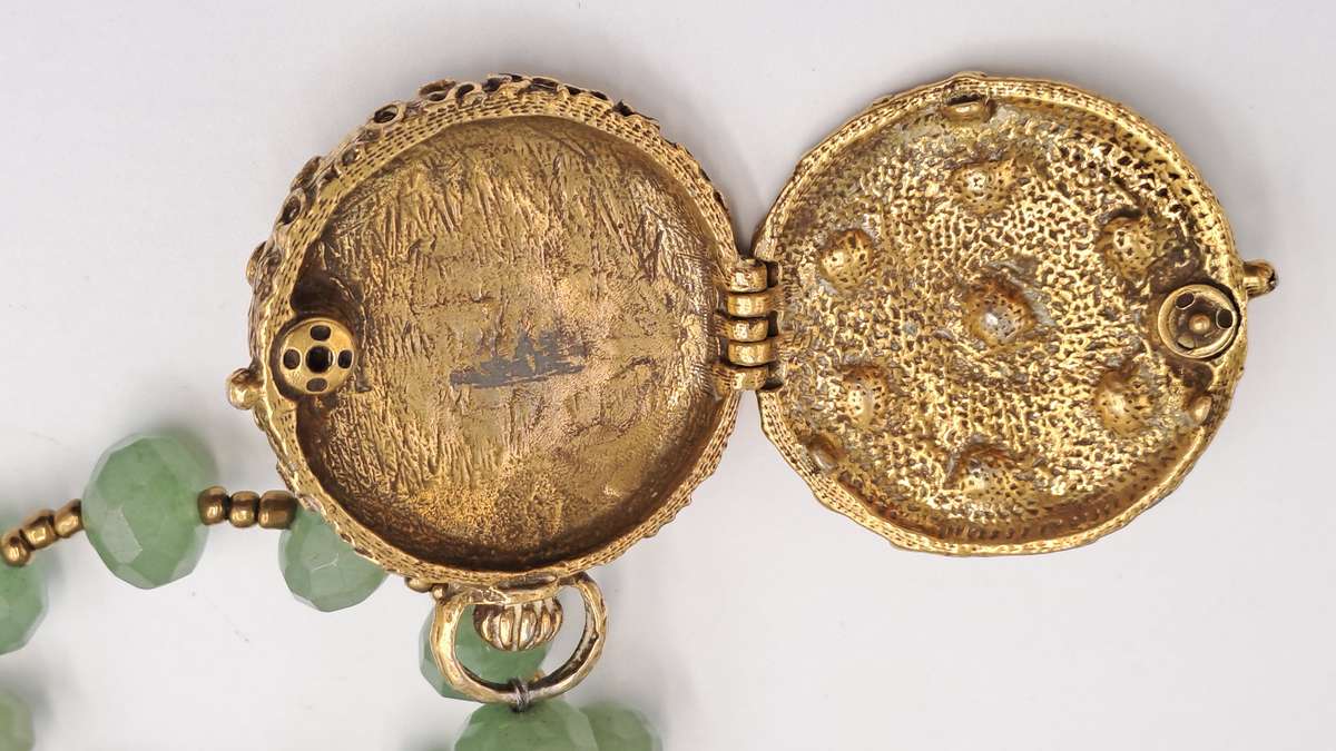 Vintage Real Jade Necklace with 1950's Hinged Gold Tone Locket with Faux ruby's and Cameo