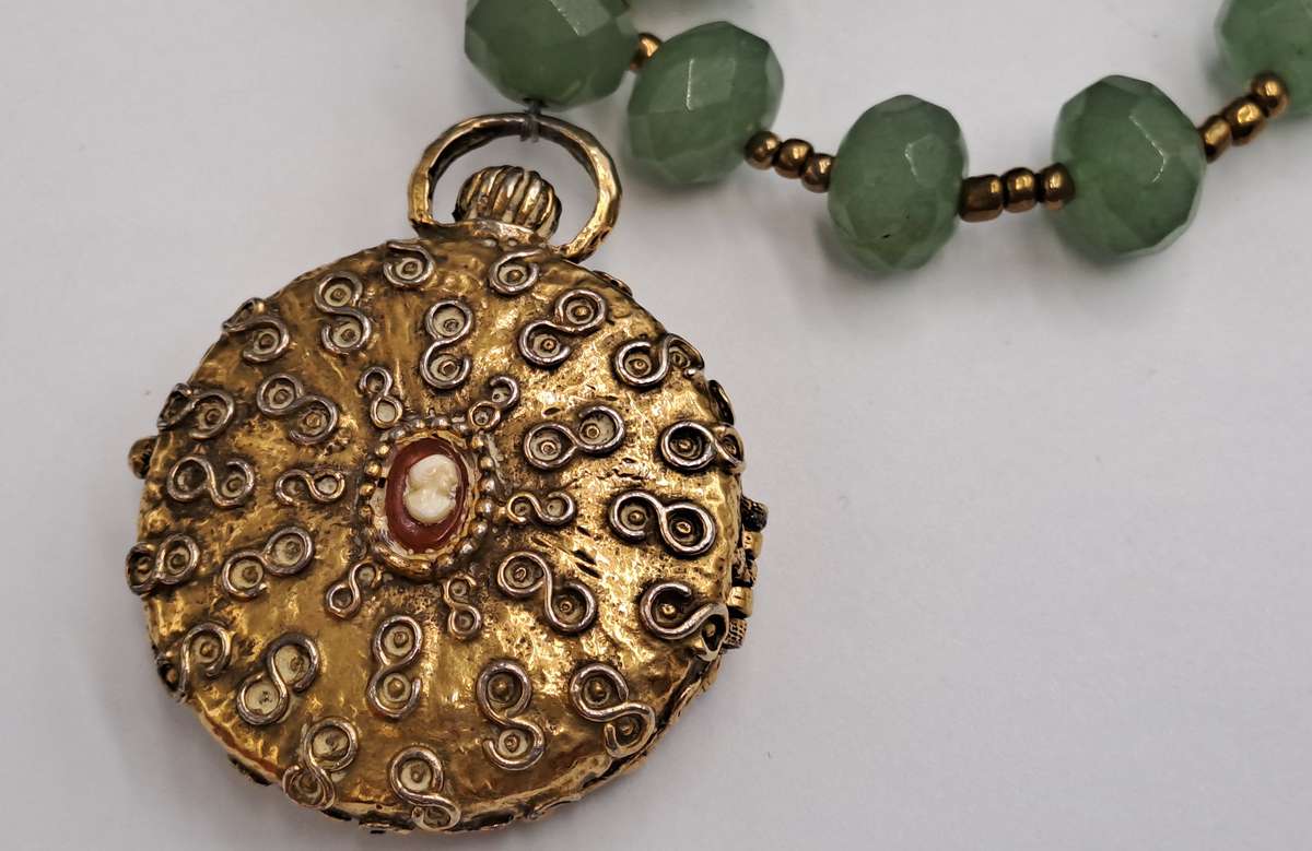 Vintage Real Jade Necklace with 1950's Hinged Gold Tone Locket with Faux ruby's and Cameo
