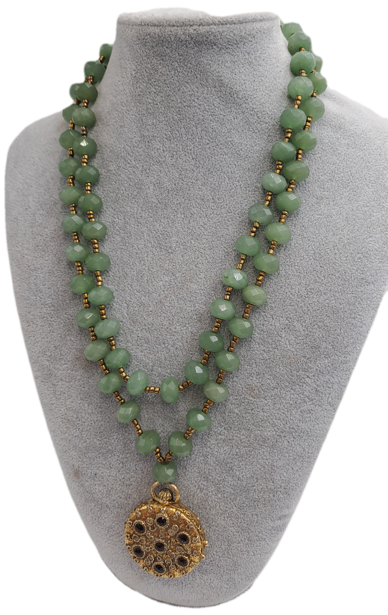 Vintage Real Jade Necklace with 1950's Hinged Gold Tone Locket with Faux ruby's and Cameo