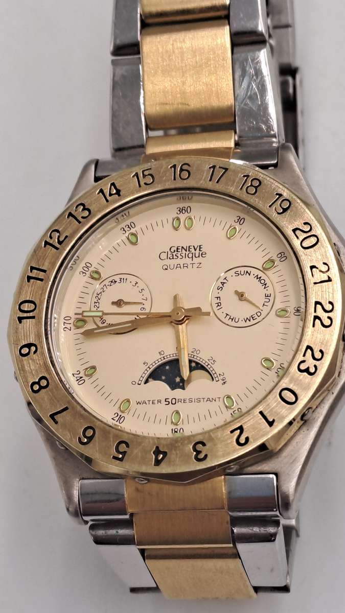 Vintage Mens Geneve Classic Moon Phase Quartz watch-Working