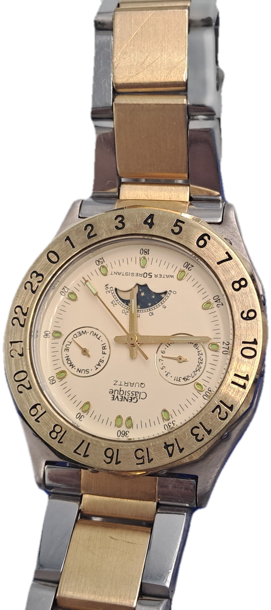 Vintage Mens Geneve Classic Moon Phase Quartz watch-Working