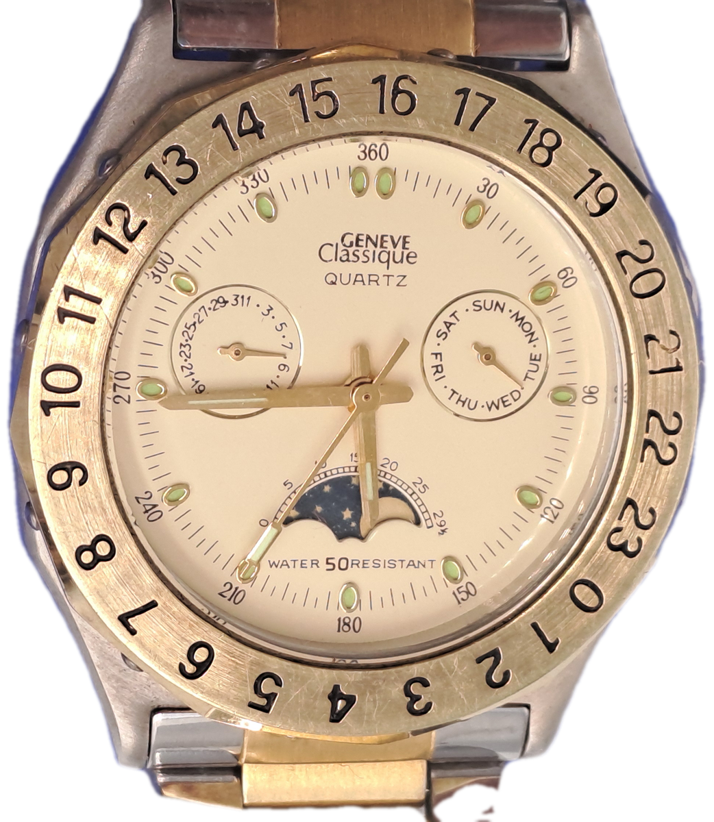 Vintage Mens Geneve Classic Moon Phase Quartz watch-Working