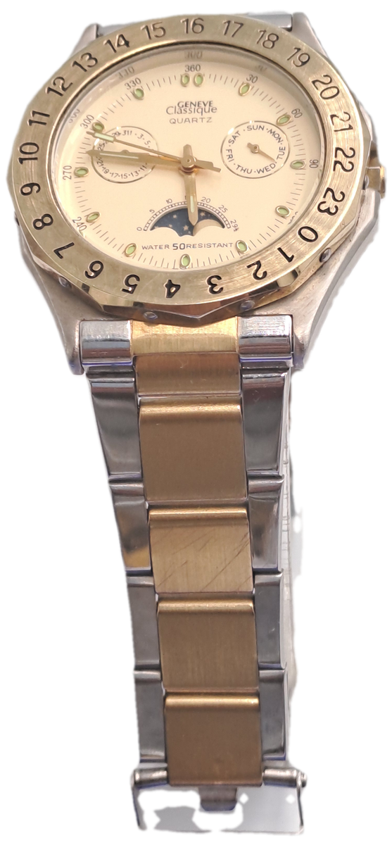 Vintage Mens Geneve Classic Moon Phase Quartz watch-Working