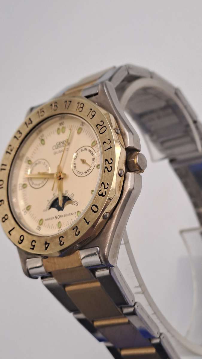 Vintage Mens Geneve Classic Moon Phase Quartz watch-Working