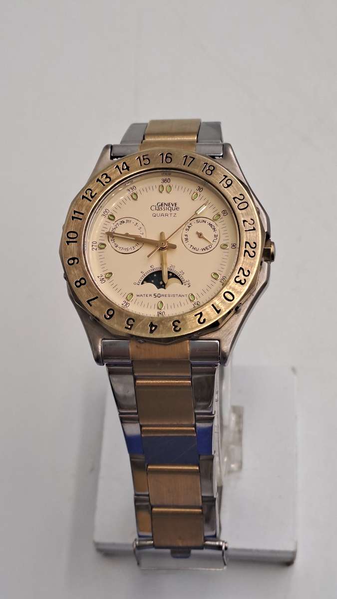 Vintage Mens Geneve Classic Moon Phase Quartz watch-Working