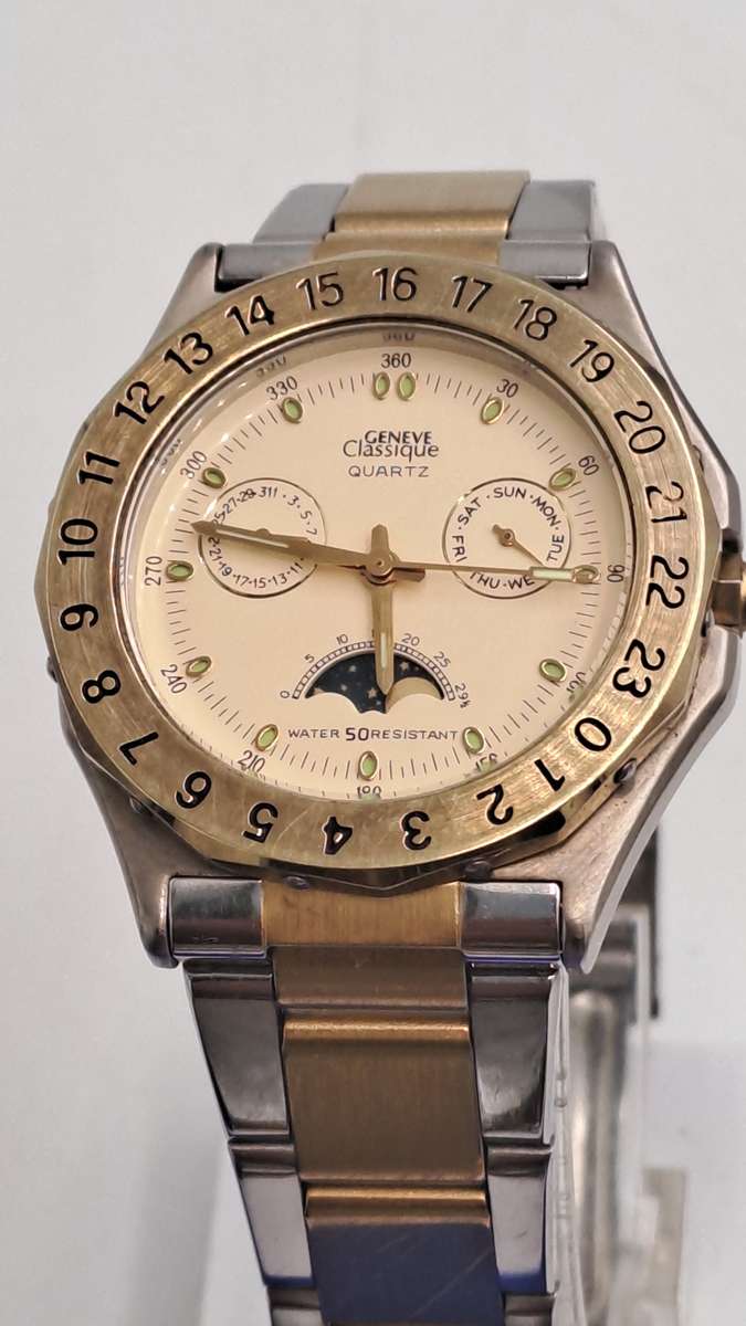 Vintage Mens Geneve Classic Moon Phase Quartz watch-Working