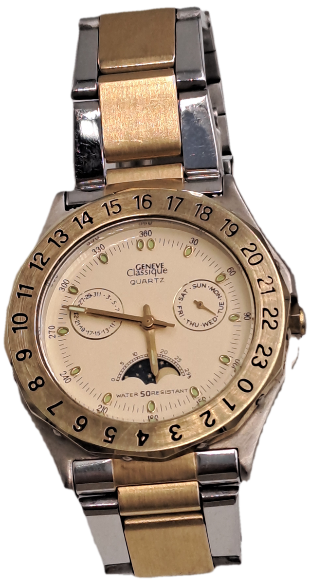 Vintage Mens Geneve Classic Moon Phase Quartz watch-Working
