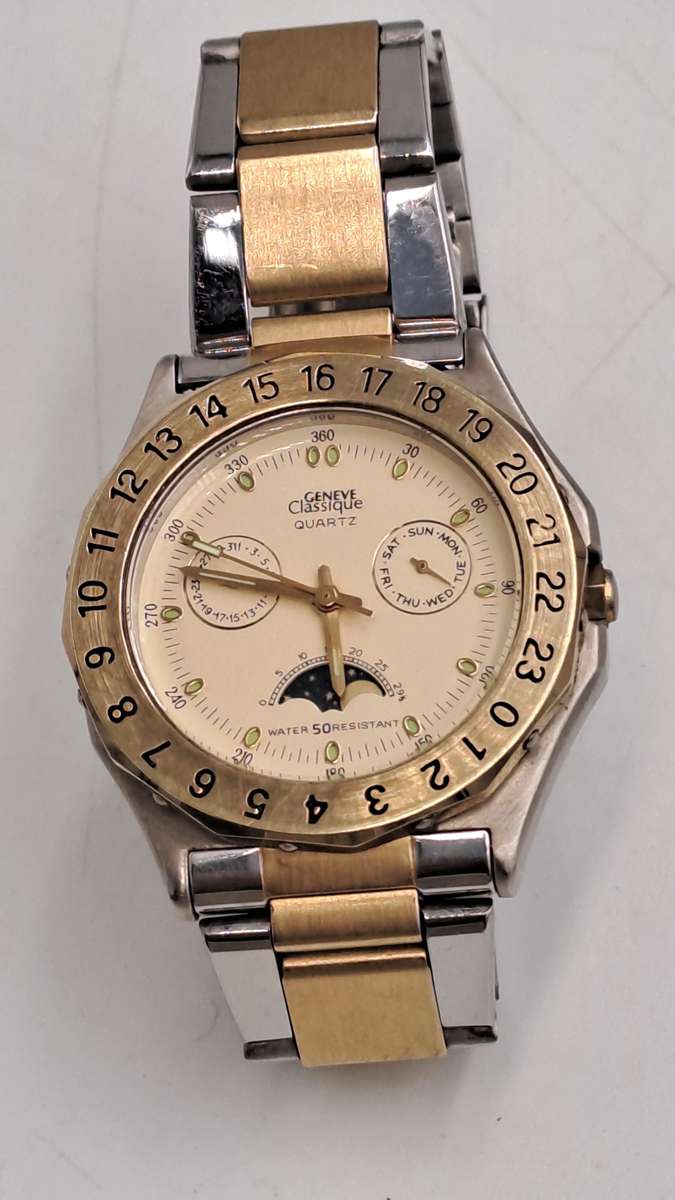 Vintage Mens Geneve Classic Moon Phase Quartz watch-Working