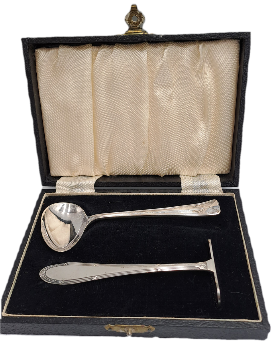 Antique German WMF 1/0 SILVER PLATED EPNS A1 BABY SPOON & PUSHER SET/ BABY FEEDING CUTLERY Boxed