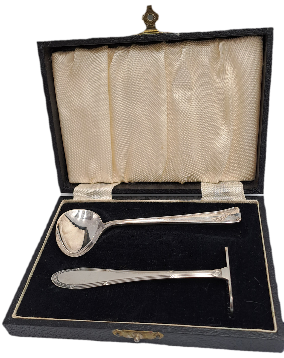 Antique German WMF 1/0 SILVER PLATED EPNS A1 BABY SPOON & PUSHER SET/ BABY FEEDING CUTLERY Boxed