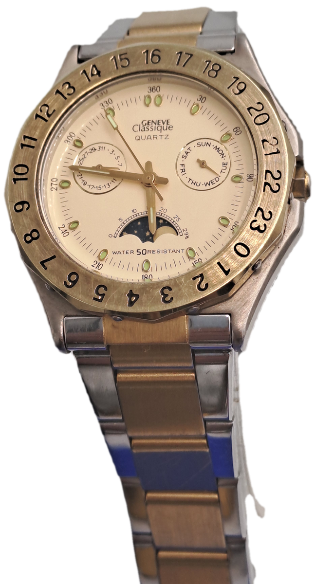 Vintage Mens Geneve Classic Moon Phase Quartz watch-Working