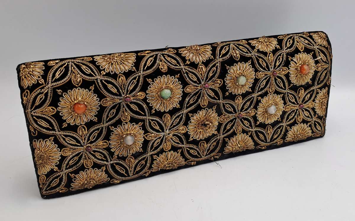 Womens Vintage Black Velvet & Satin Handcrafted Handbag with Stones and Copper Embroidery-India