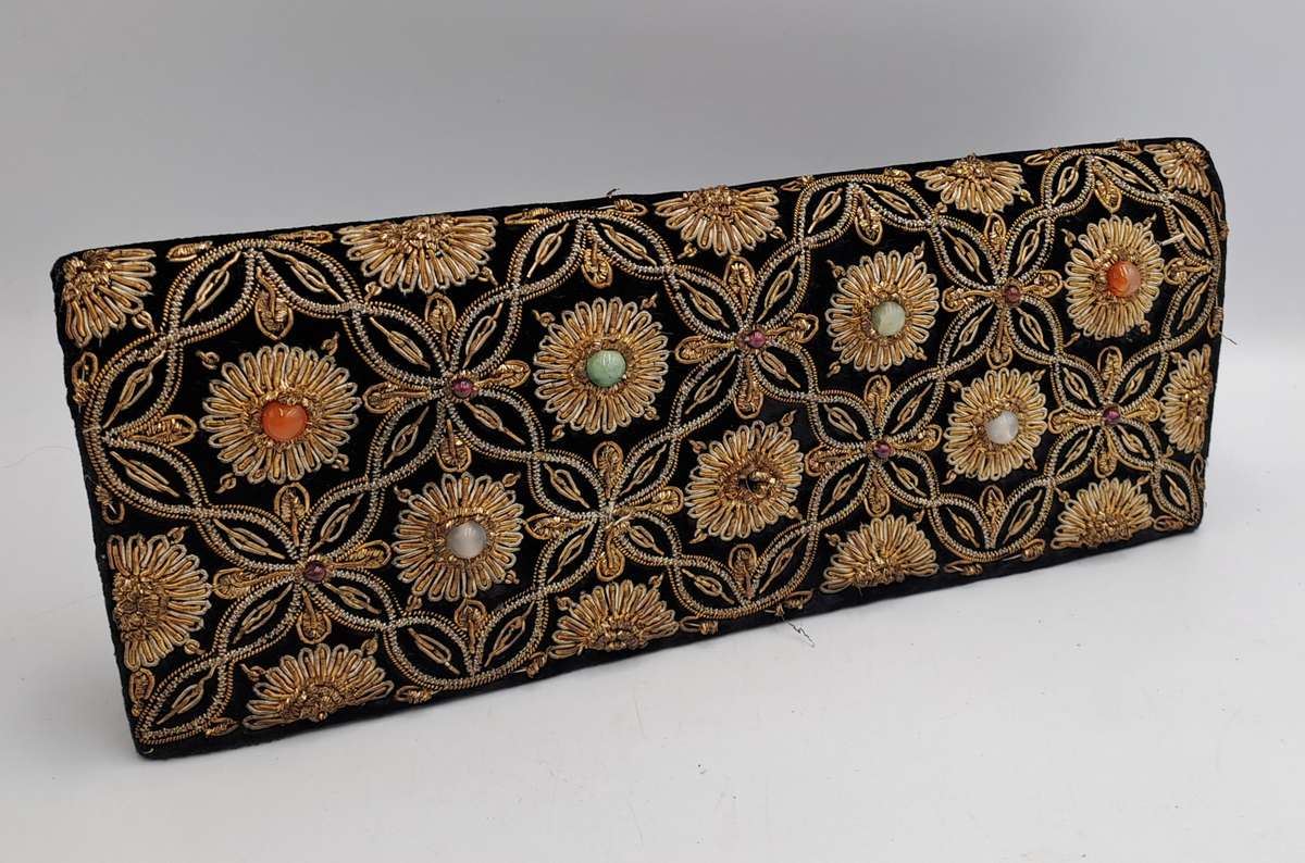 Womens Vintage Black Velvet & Satin Handcrafted Handbag with Stones and Copper Embroidery-India