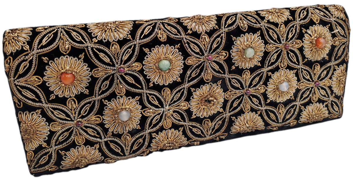 Womens Vintage Black Velvet & Satin Handcrafted Handbag with Stones and Copper Embroidery-India