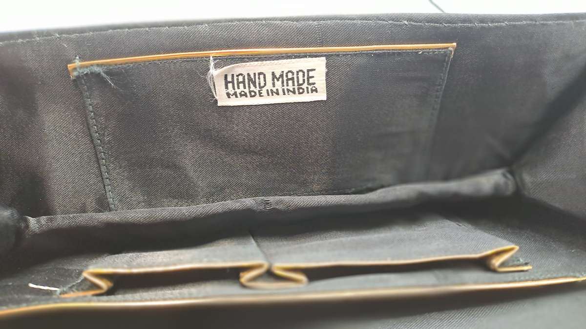 Womens Vintage Black Velvet & Satin Handcrafted Handbag with Stones and Copper Embroidery-India