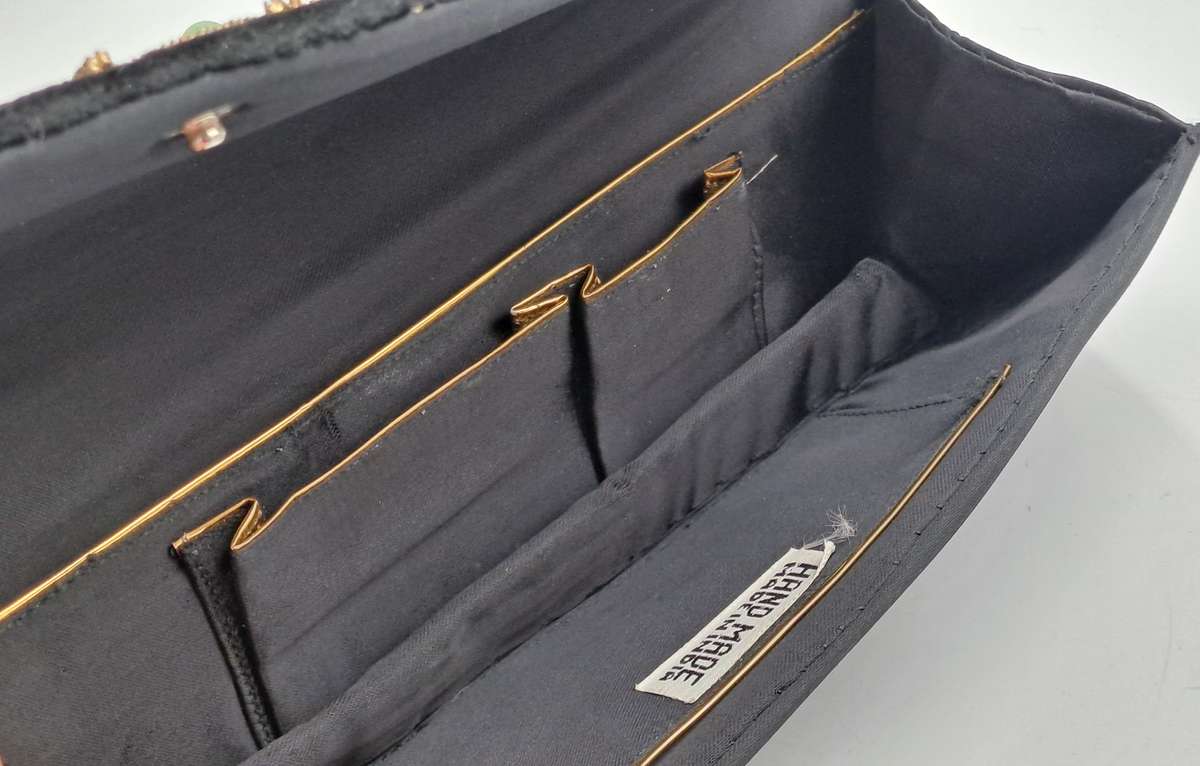 Womens Vintage Black Velvet & Satin Handcrafted Handbag with Stones and Copper Embroidery-India