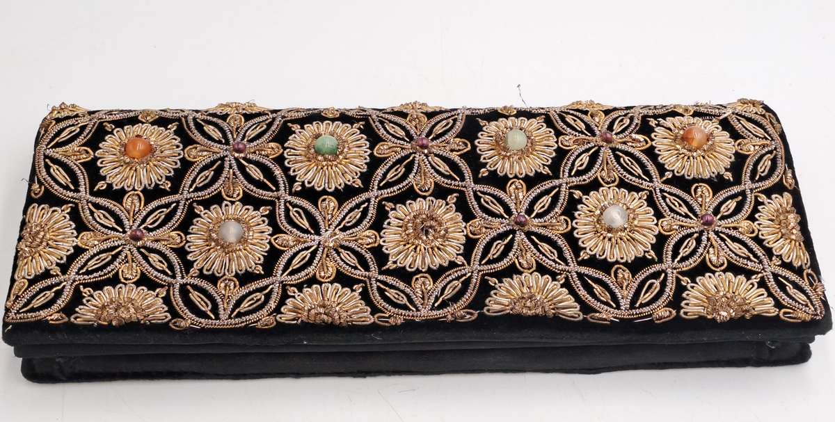 Womens Vintage Black Velvet & Satin Handcrafted Handbag with Stones and Copper Embroidery-India