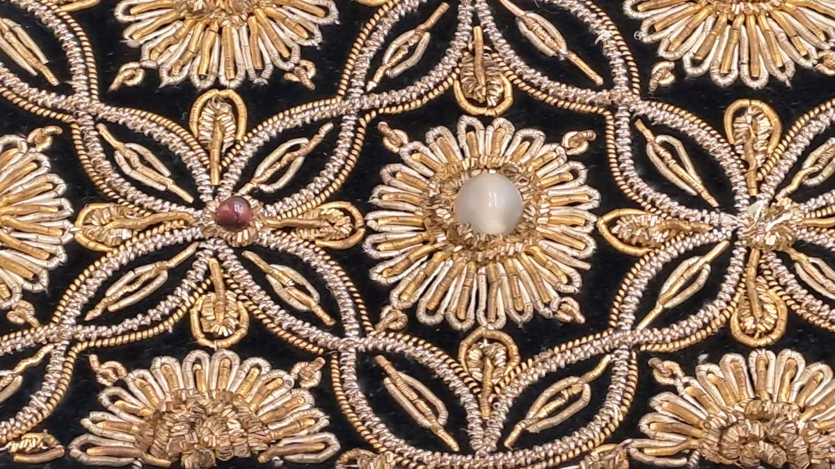 Womens Vintage Black Velvet & Satin Handcrafted Handbag with Stones and Copper Embroidery-India