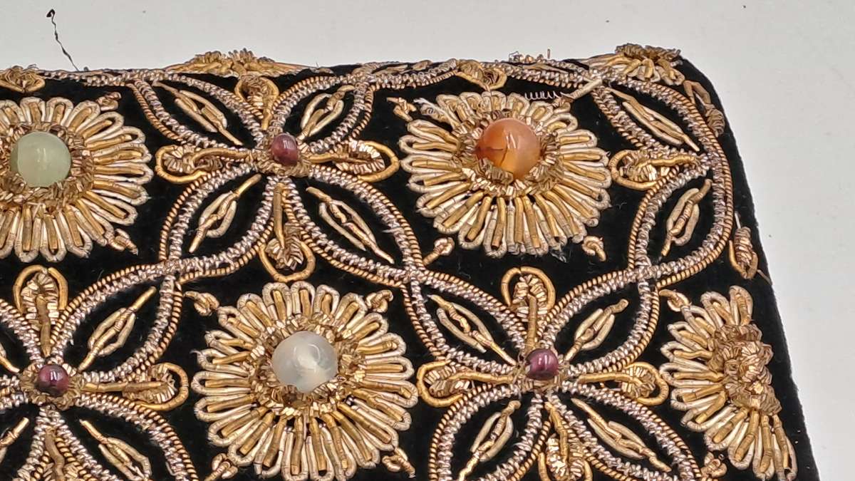 Womens Vintage Black Velvet & Satin Handcrafted Handbag with Stones and Copper Embroidery-India