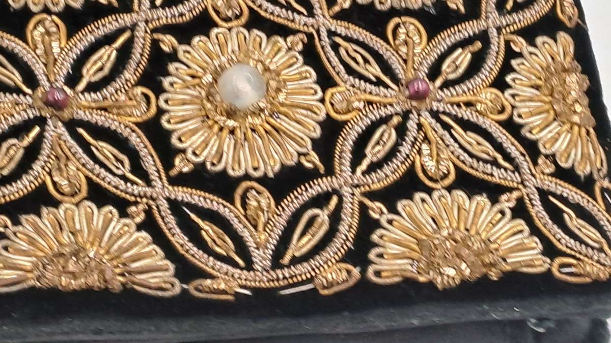 Womens Vintage Black Velvet & Satin Handcrafted Handbag with Stones and Copper Embroidery-India