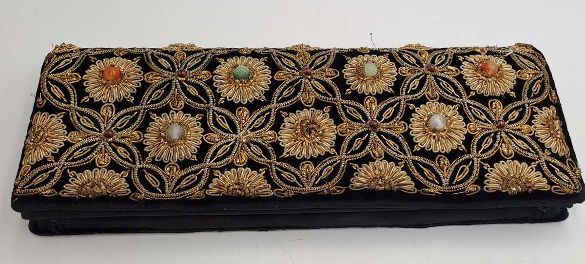 Womens Vintage Black Velvet & Satin Handcrafted Handbag with Stones and Copper Embroidery-India