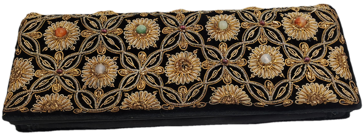 Womens Vintage Black Velvet & Satin Handcrafted Handbag with Stones and Copper Embroidery-India