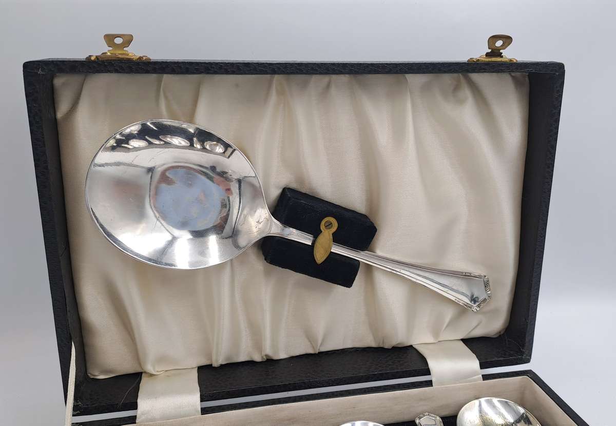 Vintage Sheffield cased silver dessert spoons with serving spoon, silver plated dessert set