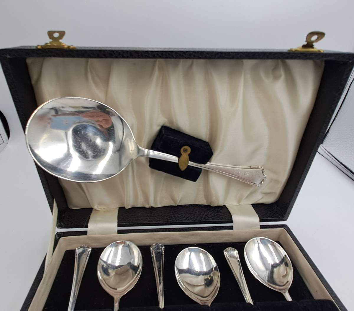Vintage Sheffield cased silver dessert spoons with serving spoon, silver plated dessert set