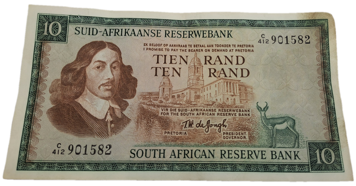 1975-1976 Ten Rand Note -T.W. de Jongh, Watermark van Riebeeck-Afrikaans-English -C/412 901582