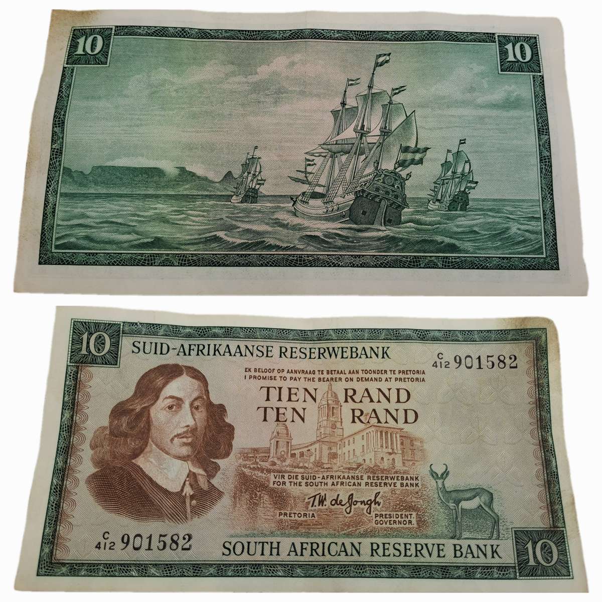 1975-1976 Ten Rand Note -T.W. de Jongh, Watermark van Riebeeck-Afrikaans-English -C/412 901582