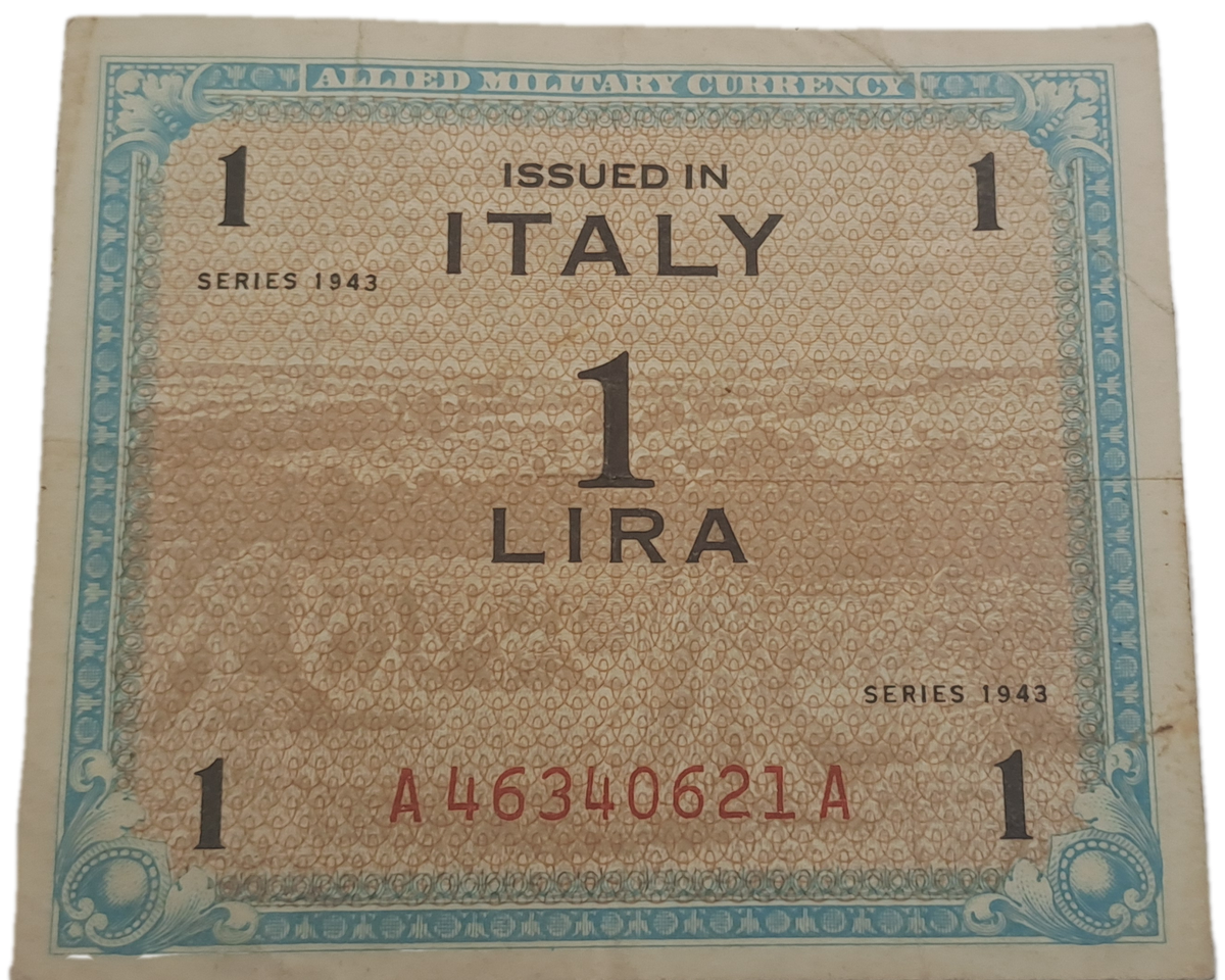 1943 Series  Italy 1 Lira Allied Military Currency Bank Note -Circulated