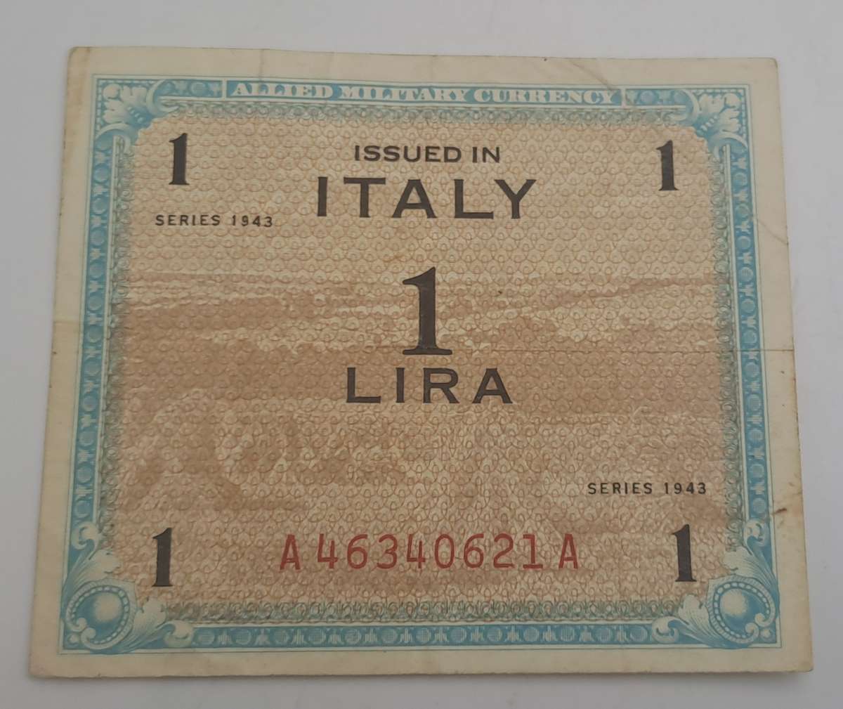 1943 Series  Italy 1 Lira Allied Military Currency Bank Note -Circulated