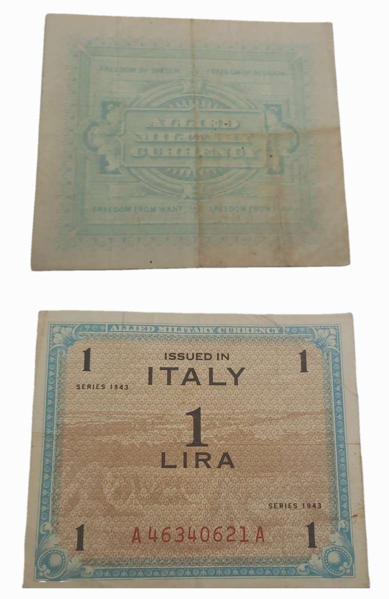 1943 Series  Italy 1 Lira Allied Military Currency Bank Note -Circulated