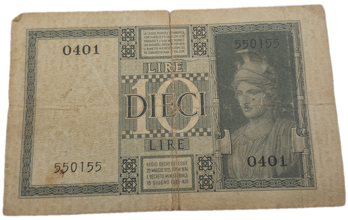 1935 Italy  10 Lire Bank Note -Circulated