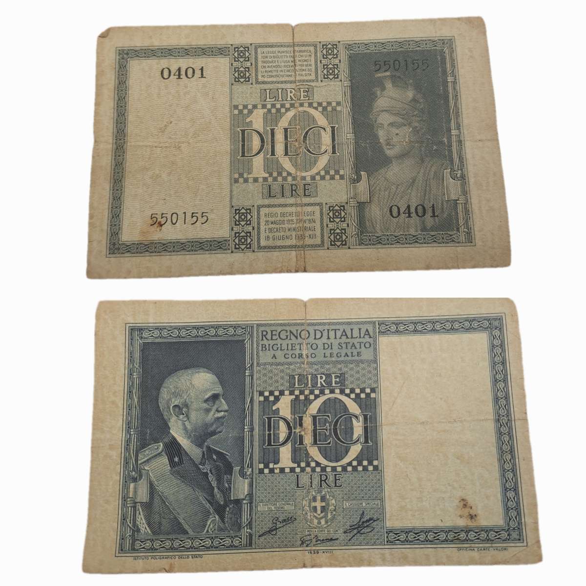 1935 Italy  10 Lire Bank Note -Circulated