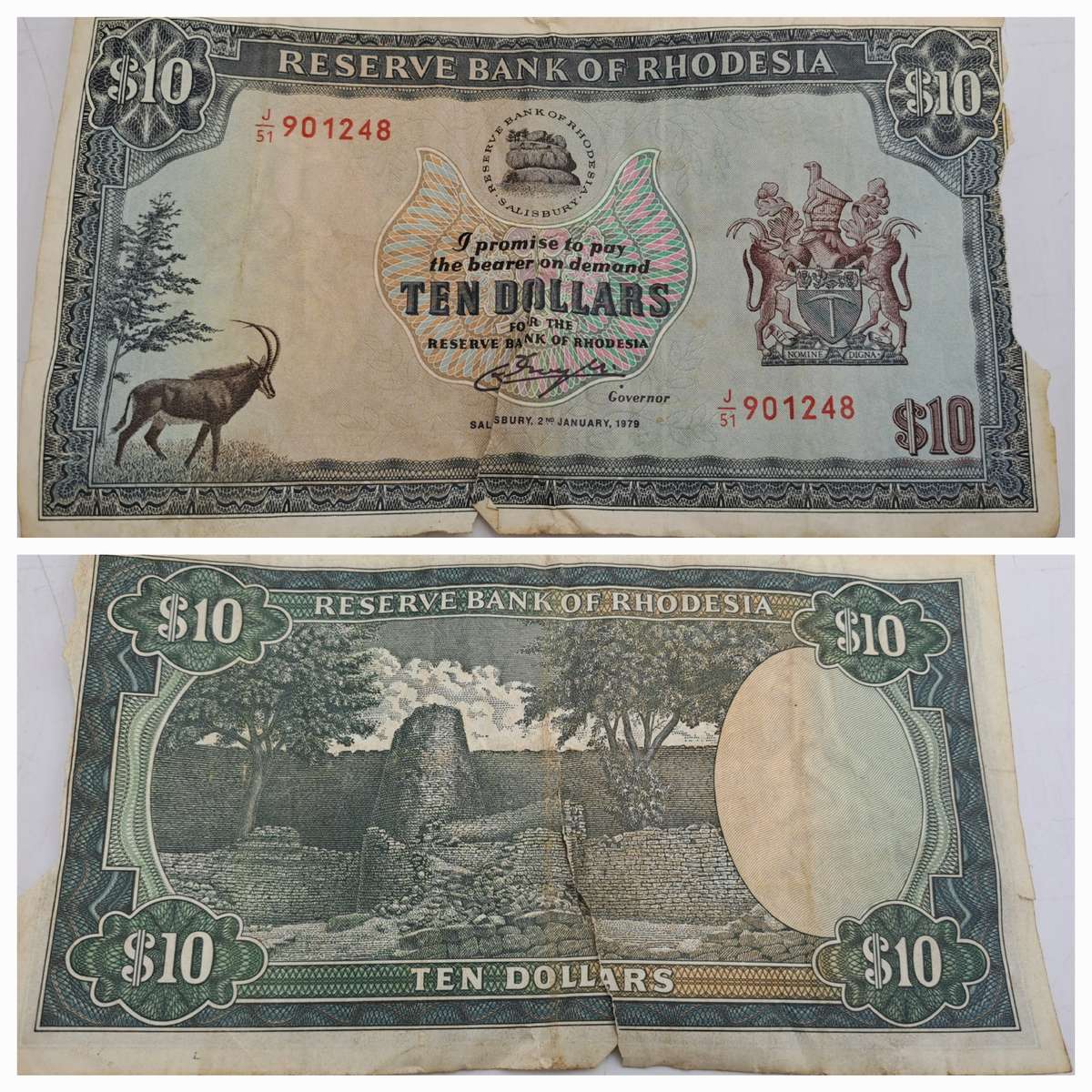 Rhodesia 1979 -10 Dollars Circulated - Bird Watermark- See Condition