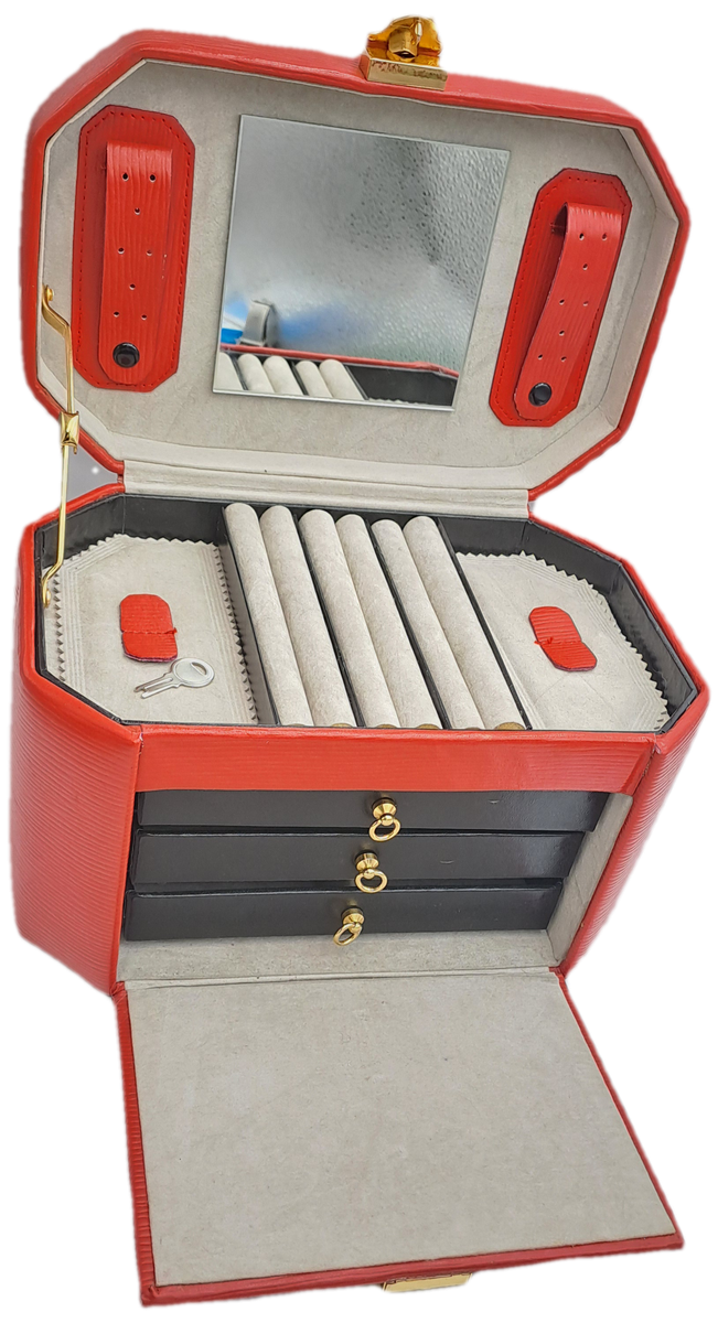 Portable Genuine Leather Jewelry box with Key -3 Draws