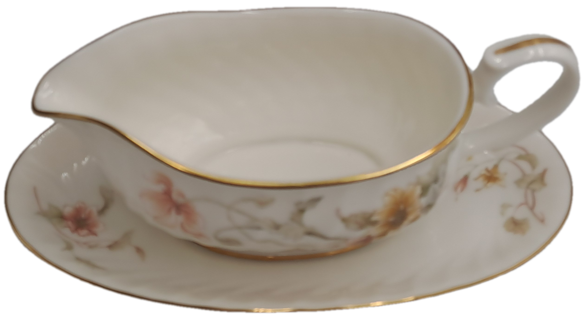 Vintage Gorham TRELLIS Fine China Gravy Boat and Saucer 24kt Gold Hand Banded Japan-Mint Condition